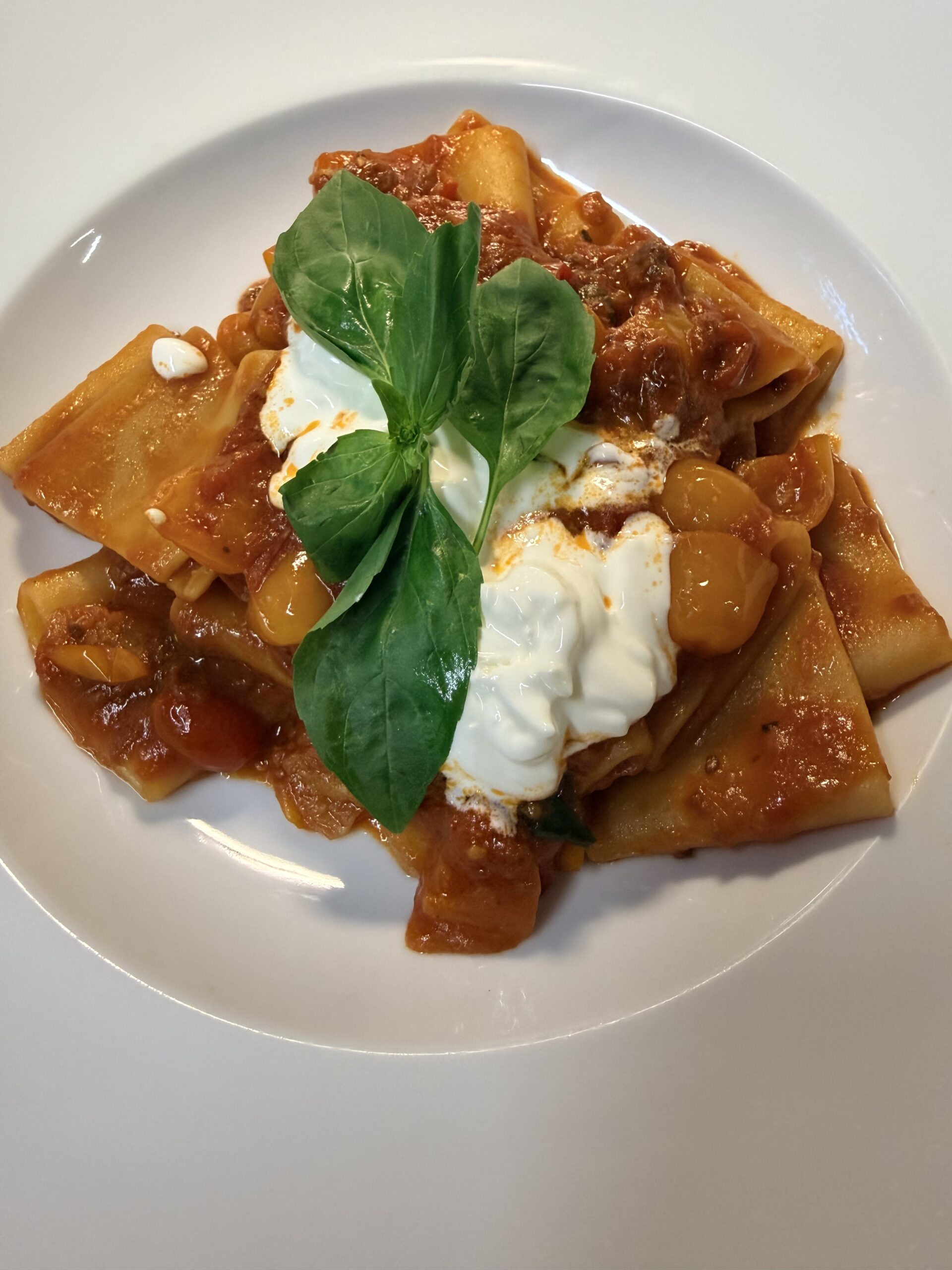Paccheri artigianali al pomodoro San Marzano DOP, stracciatella di burrata Pugliese e basilico